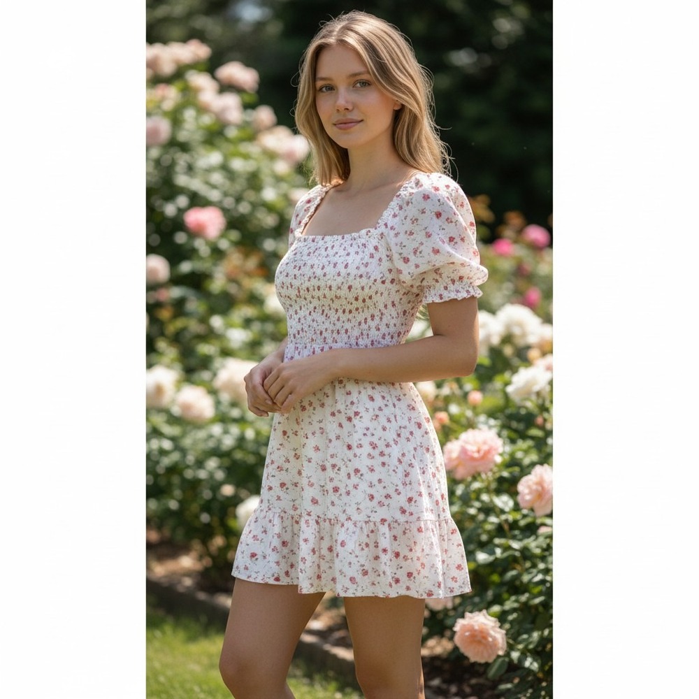 Mini Dress White Red Floral Eyelet Smocked Baby Doll Large Grey Americana Minis